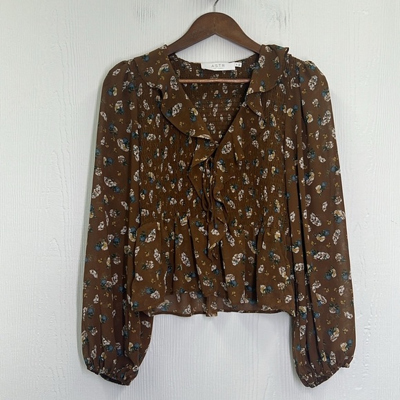 ASTR The Label - Ditsy Floral Brown Ruffle Balloon Long Sleeve Smocked Blouse M - Picture 9 of 13